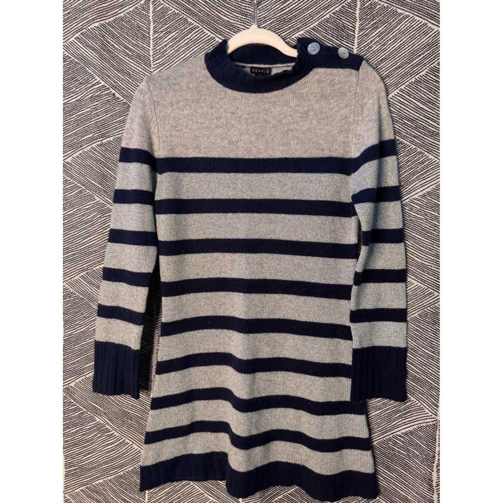 SEARLE Cashmere Striped Sweater Dress Tunic Long Sleeve Button Shoulder Size M‎